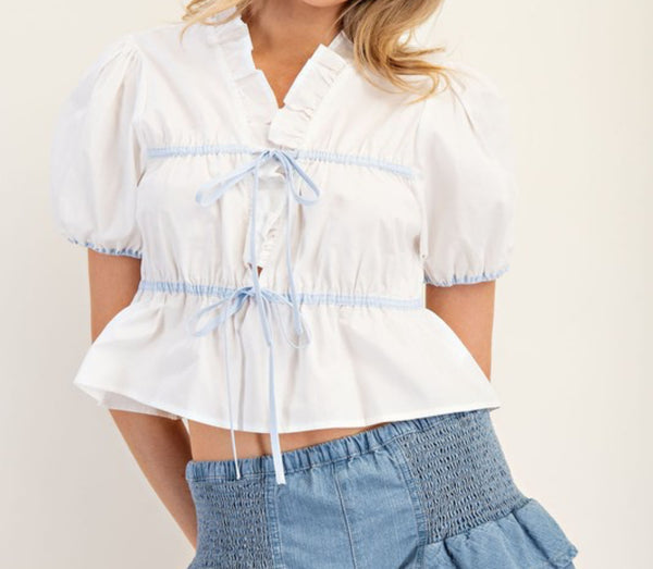 White and Blue Puff Sleeve Top