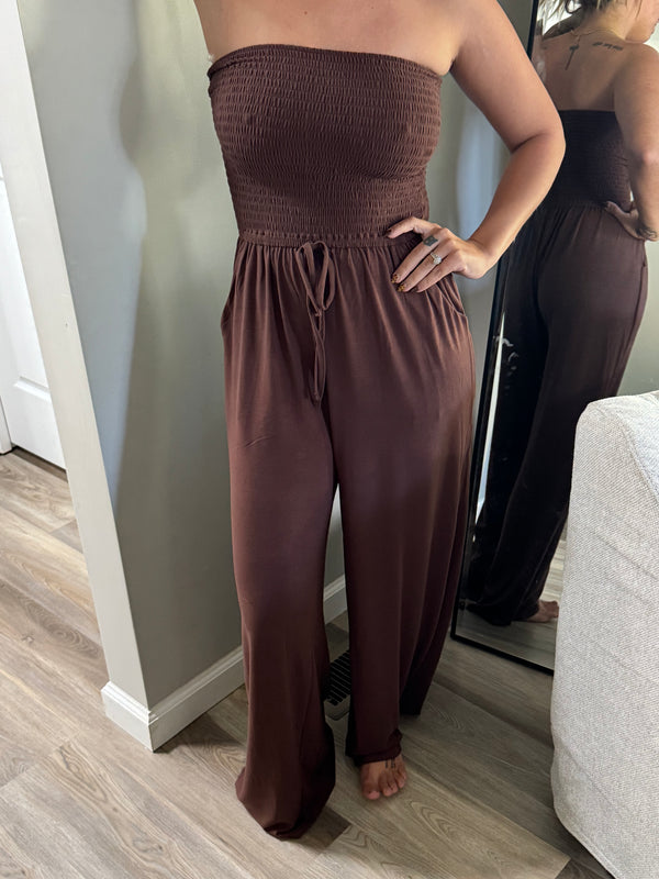 Brown Smocked Jumpsuit